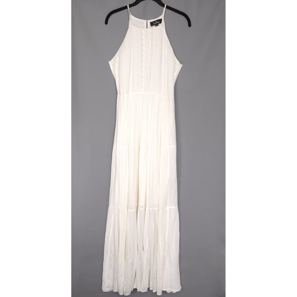 Lulus Maxi Dress SMALL For Life White Embroidered Tiered Rayon